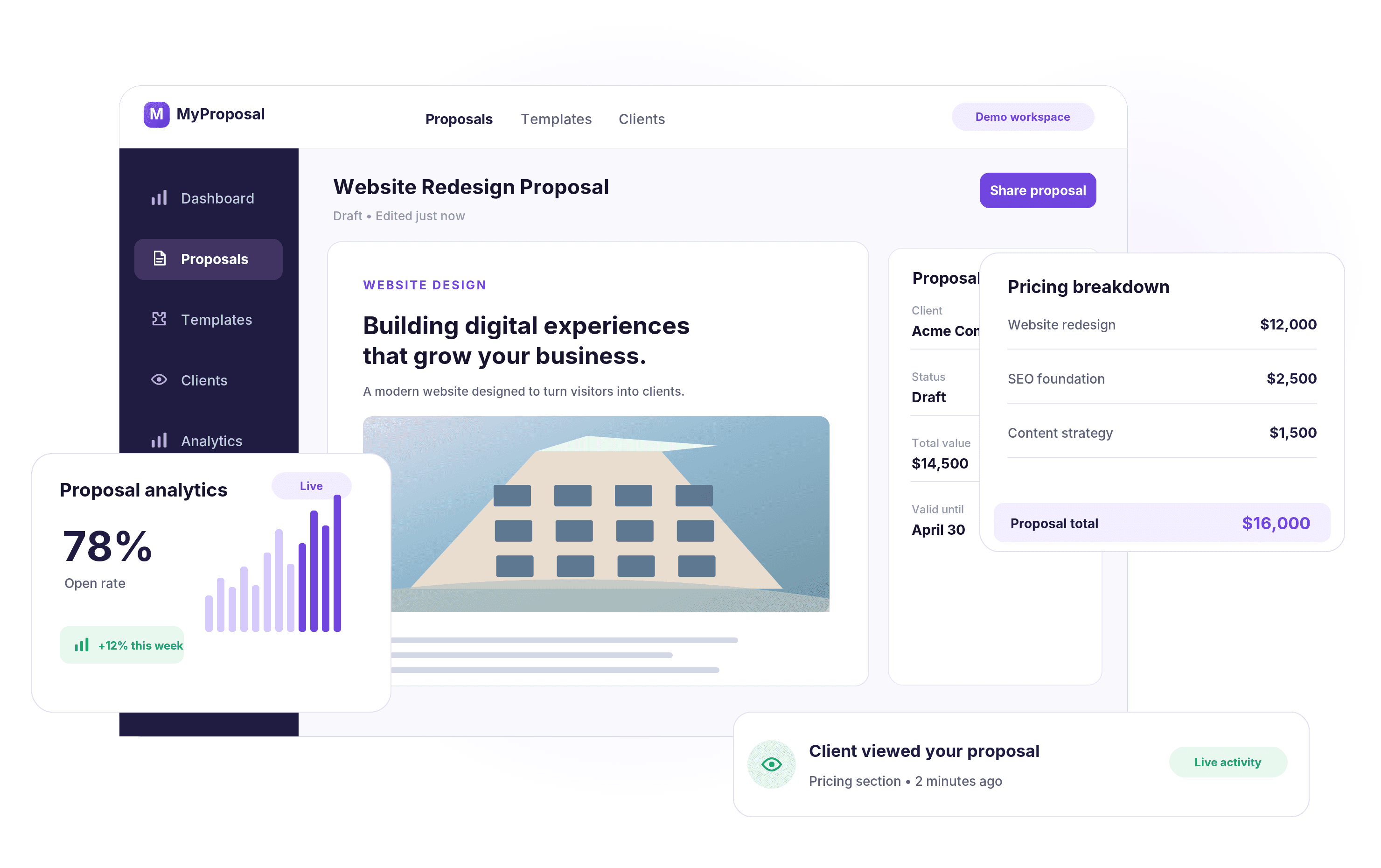 MyProposal proposal editor with pricing and engagement preview
