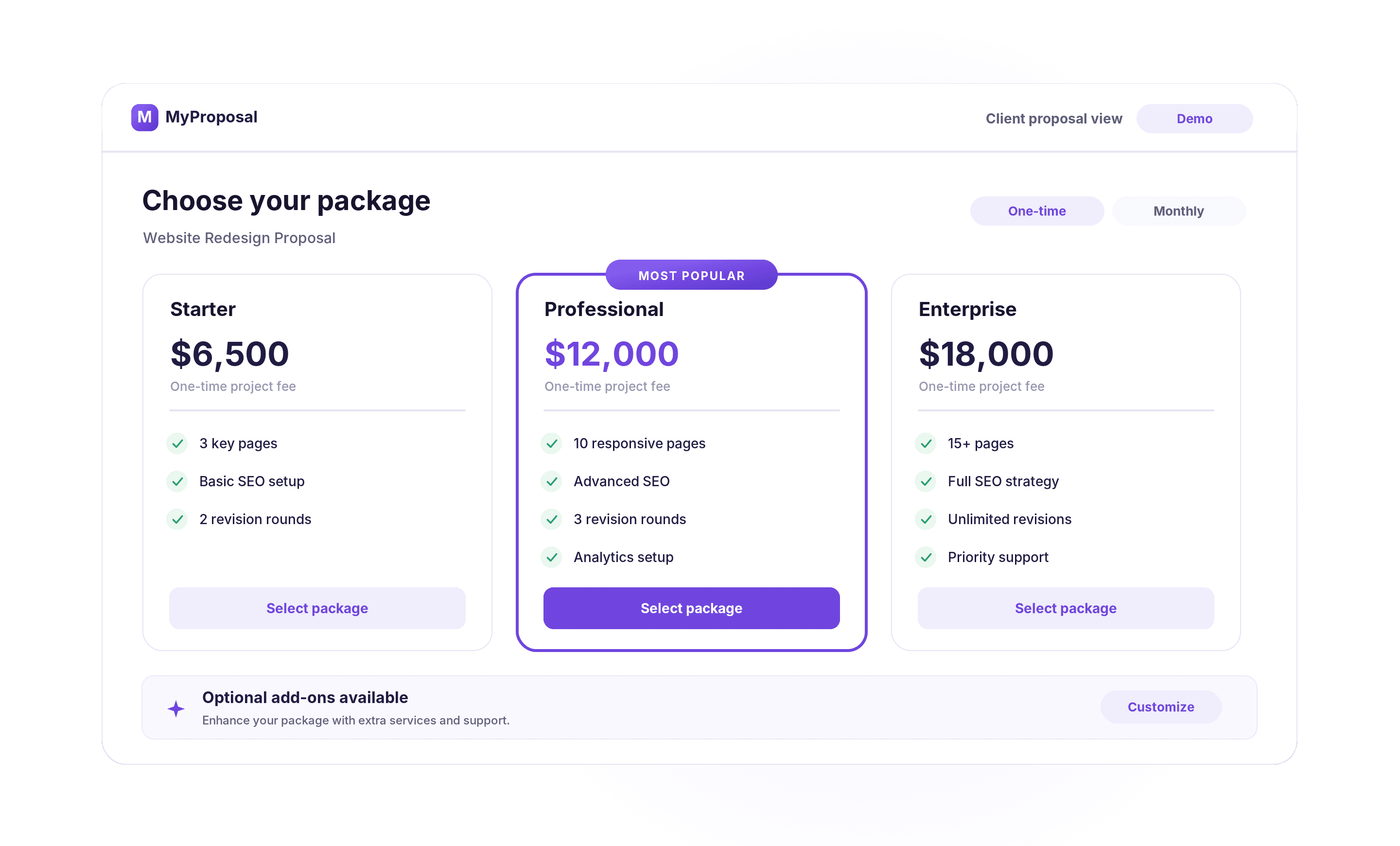 Example client proposal package comparison